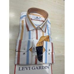 EXQUISITE WHITE LONG SLEEVE SHIRT WITH RED, ORANGE, AND SKY BLUE STRIPES BY LEVI GARDIN | AVAILABLE IN ALL SIZES (SWNL) (N) - deluxe.com.ng